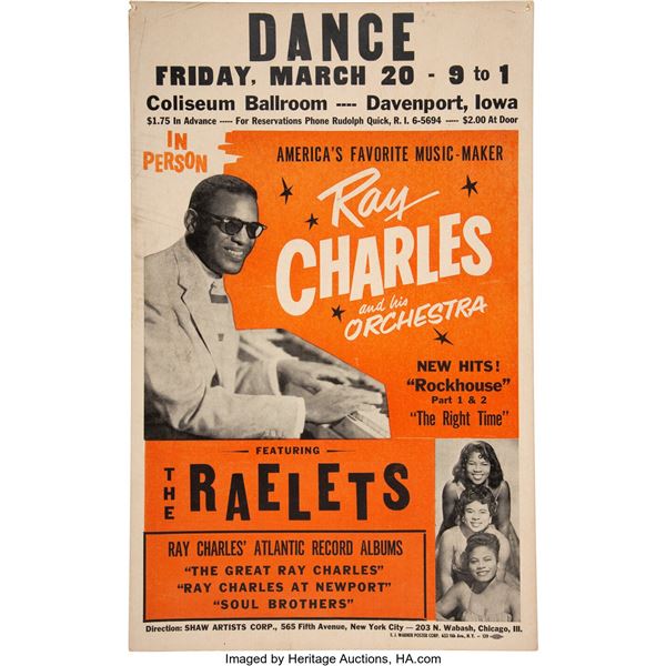 Ray Charles 1959 Davenport, Iowa Atlantic Records Concert Poster. An original ca