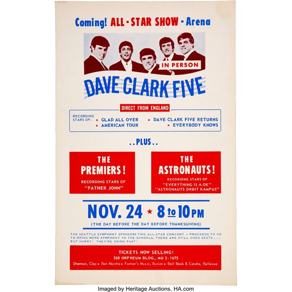 The Dave Clark Five 1964 Seattle, WA British Invasion Concert Poster. An origina