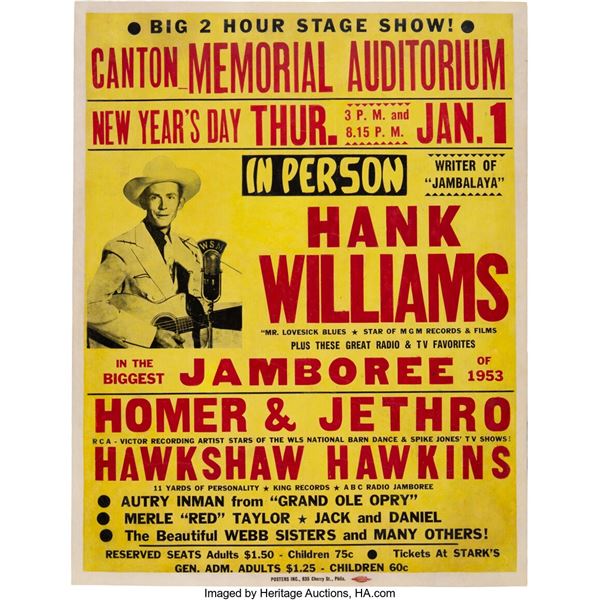 Hank Williams 1953 Canton, OH Genuine Original Concert Poster for the Show He Di