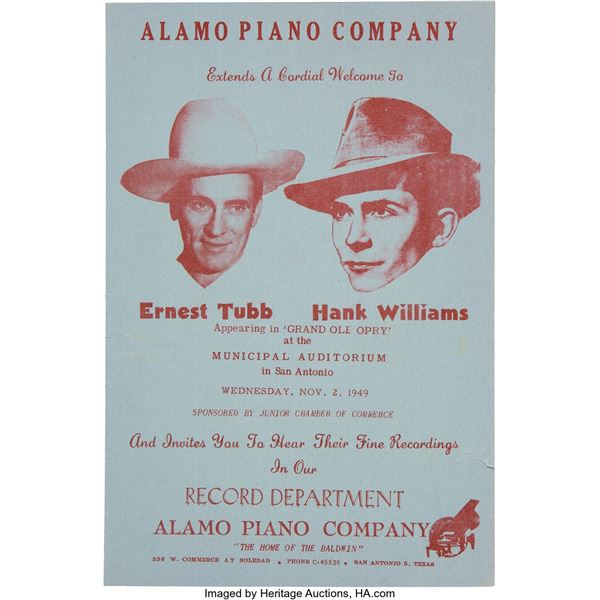 Hank Williams, Ernest Tubb 1949 San Antonio, TX Handbill/Record Brochure. An ori