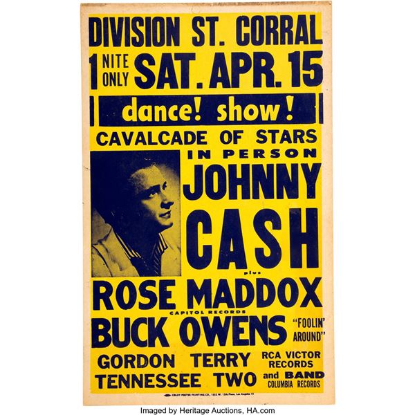 Johnny Cash, Buck Owens, Rose Maddox 1961 Portland, OR Concert Poster. An origin