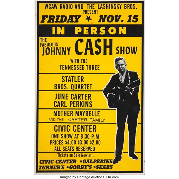 Johnny Cash, June Carter, Carl Perkins 1968 Charleston, WV Concert Poster. An or