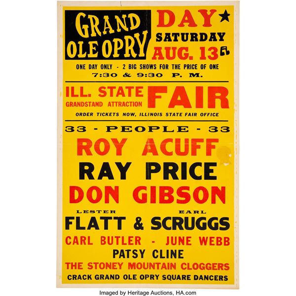 Patsy Cline, Flatt & Scruggs, Roy Acuff, Ray Price 1960 Illinois Concert Poster.