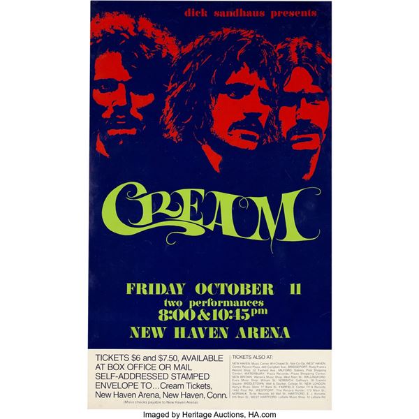 Cream 1968 New Haven, CT Farewell Tour Concert Poster. An original, colorful pos