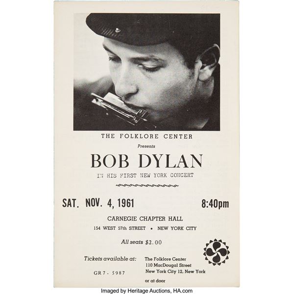 Bob Dylan 1961 Carnegie Chapter Hall Concert Flyer / Program for First N.Y. Conc