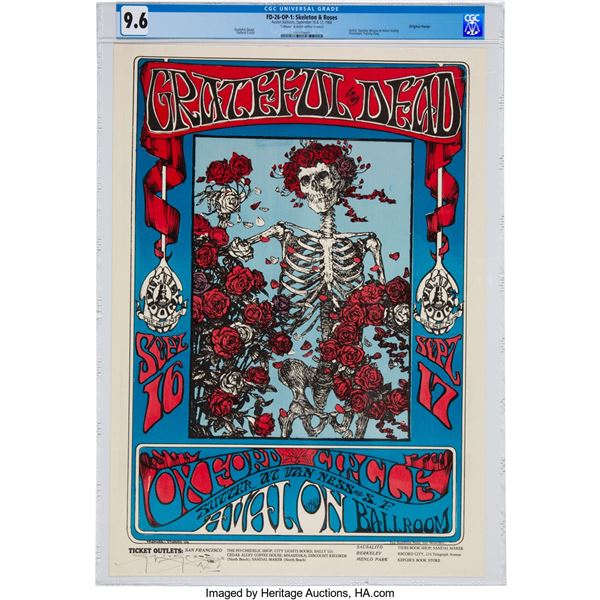 Grateful Dead 1966 "Skeleton & Roses" Concert Poster FD-26 Graded 9.6 and Signed