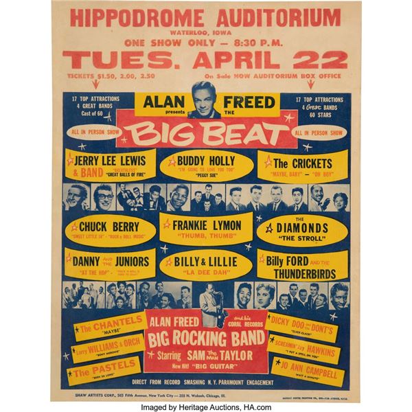 Buddy Holly, Chuck Berry 1958 Alan Freed "Big Beat" Waterloo, IA Concert Poster.