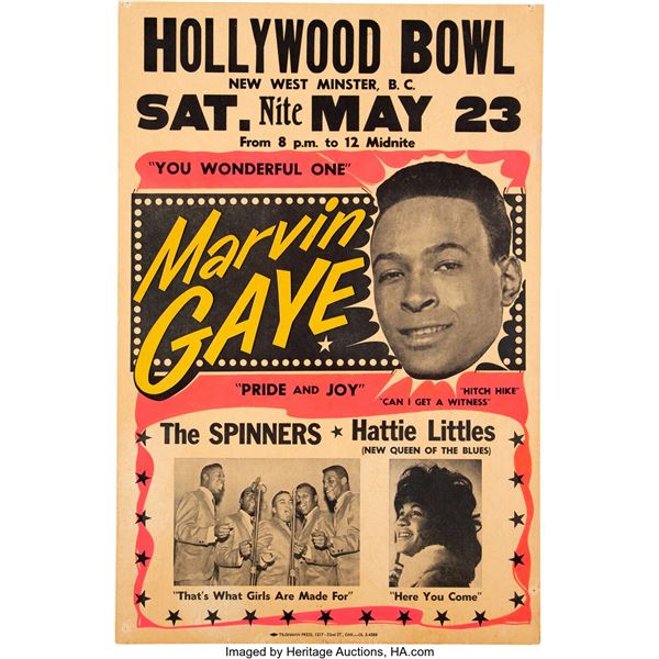 Marvin Gaye 1964 Vancouver, B.C. Concert Poster Listing Four Classic Hits. A bea