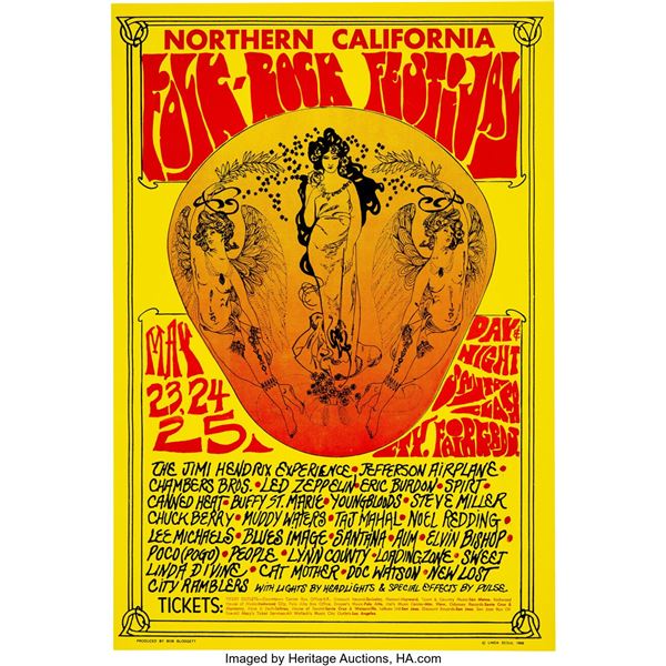 Jimi Hendrix, Led Zeppelin 1969 Northern Calif. Folk-Rock Festival Poster.  An o