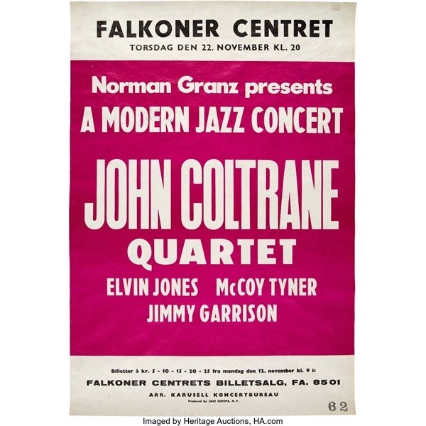 John Coltrane 1962 Copenhagen, Denmark Concert Poster. An original large paper c