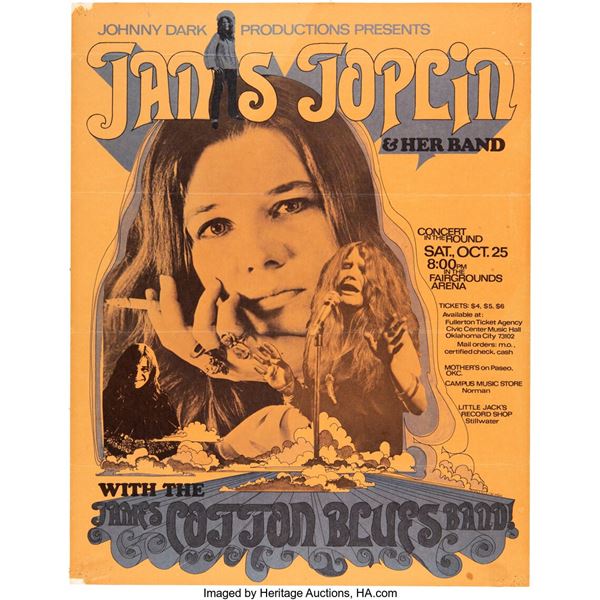 Janis Joplin, James Cotton Blues Band 1969 Oklahoma City Concert Poster. Printed