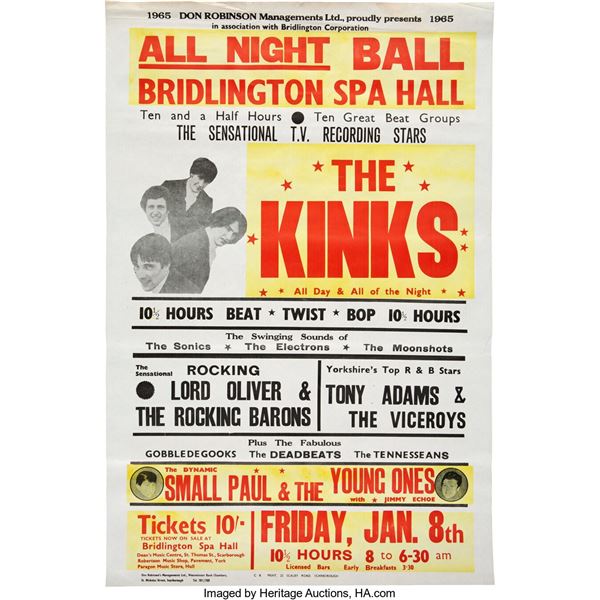 The Kinks 1965 "All Day and All of the Night" British Concert Poster. A large, o