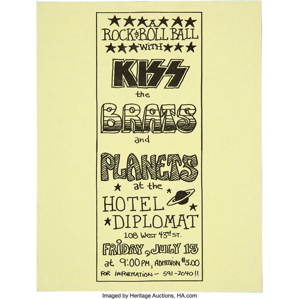 KISS 1973 Hotel Diplomat, New York City Concert Handbill. An original yellow-pap