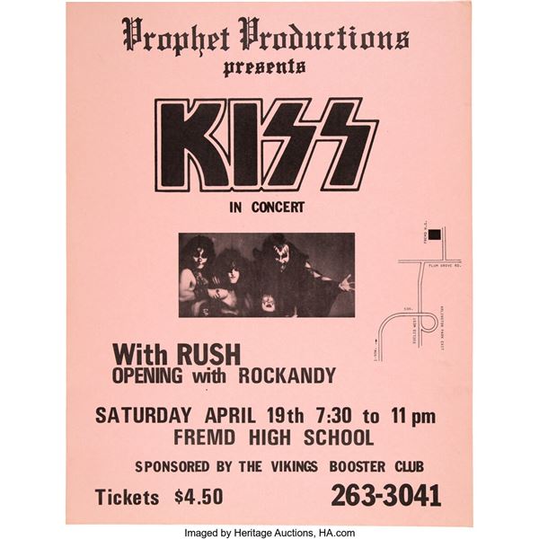 KISS / Rush 1975 Palatine, IL High School Concert Poster. An original pink-paper