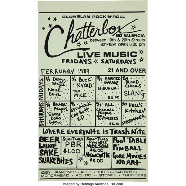 Nirvana 1989 Chatterbox San Francisco, CA Concert Poster. A calendar-style conce