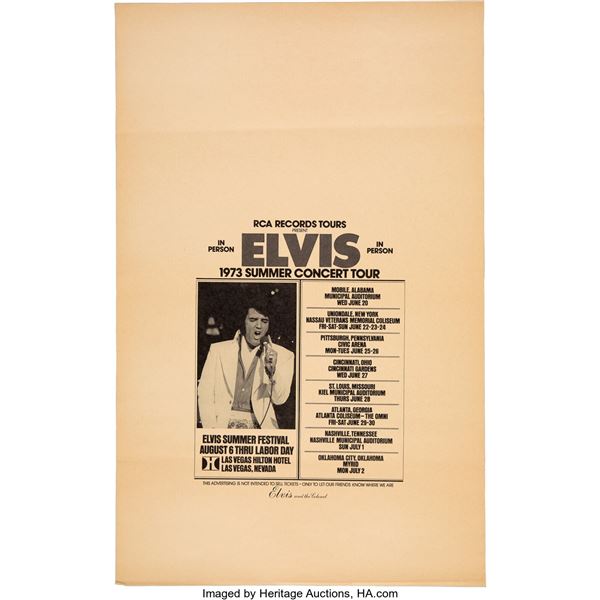 Elvis Presley 1973 Summer Tour RCA Promotional Poster. An original RCA Records T