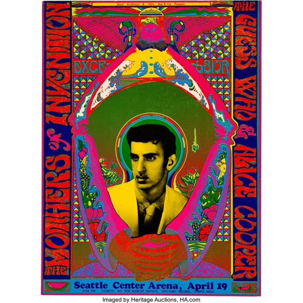 Frank Zappa/Mothers, Alice Cooper 1969 Seattle, WA Psychedelic Concert Poster.