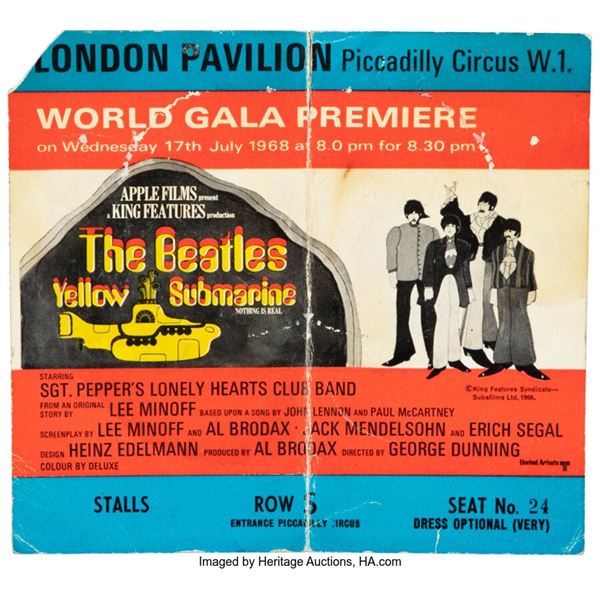 Paul McCartney/John Lennon Signed Yellow Submarine World Gala Movie Premiere Tic
