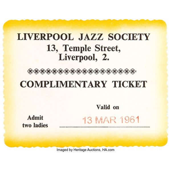 The Beatles Unused Liverpool Jazz Society Complimentary Ticket (1961). An unused