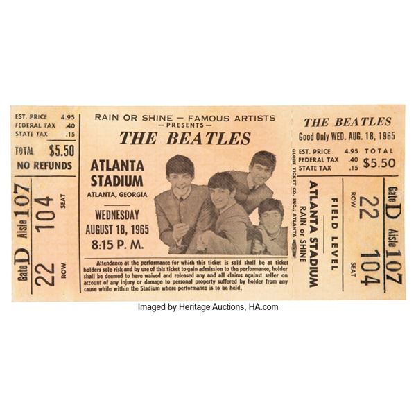 The Beatles Unused Atlanta Stadium Ticket (1965).  An unused ticket from the Bea