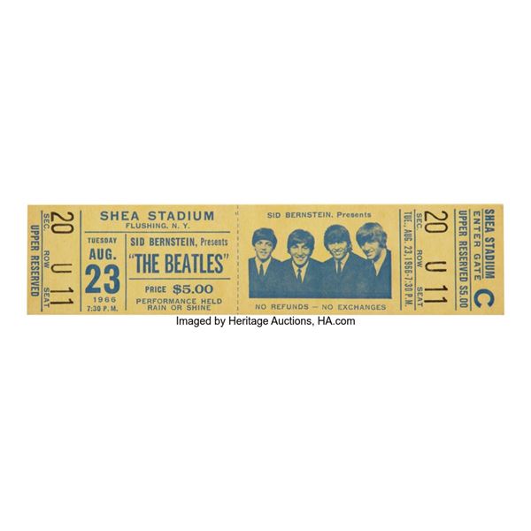 The Beatles Shea Stadium Unused Concert Ticket (August 23, 1966).  An unused tic