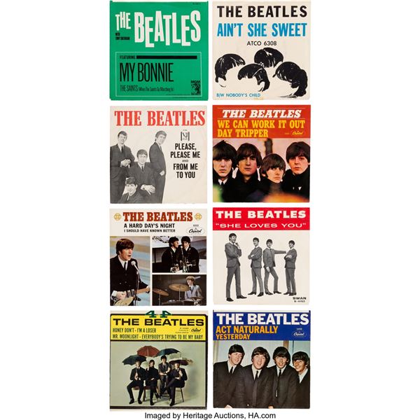 The Beatles Group of 12 Picture Sleeves with Ten Containing 45s (1960s,1970).  S