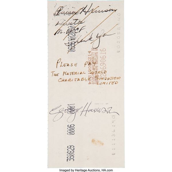 George Harrison Signed Personal Check (1990). A check made on June 9, 1990 for $