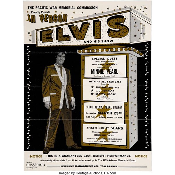 Elvis Presley 1961 Bloch Arena, Pearl Harbor HI Concert Handbill. A 9 ¼" x 12 ¼"