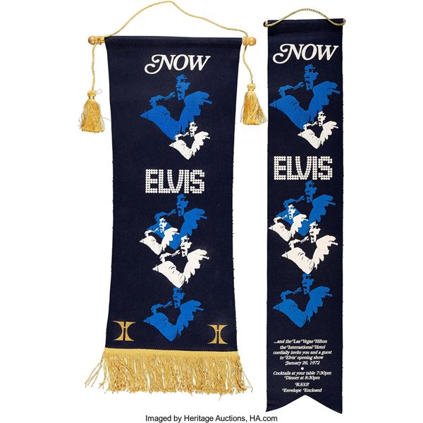 Elvis Presley Pennants (2). Two blue pennants featuring the King at the Hilton i