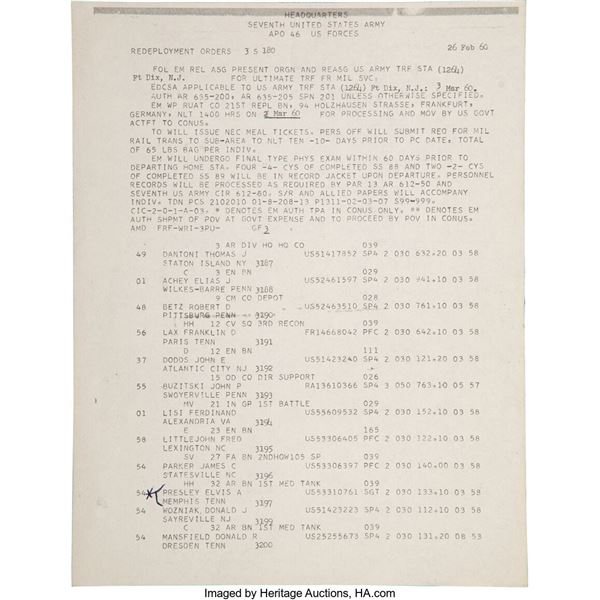 Elvis Presley Army Redeployment/Discharge Document (1960). Signed by Elvis' comm