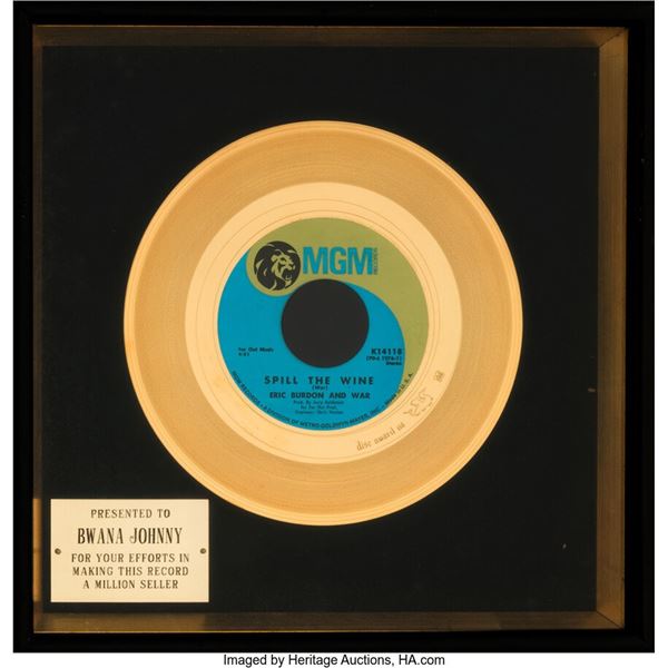 Eric Burdon and War "Spill the Wine" In-House Gold Sales Award. An appreciation/