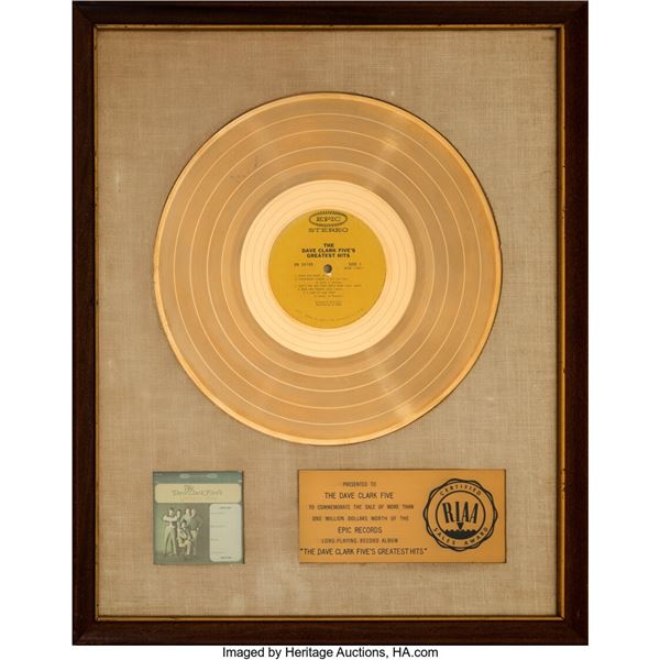 The Dave Clark Five Presented Greatest Hits White Matte RIAA Gold Sales Award. A