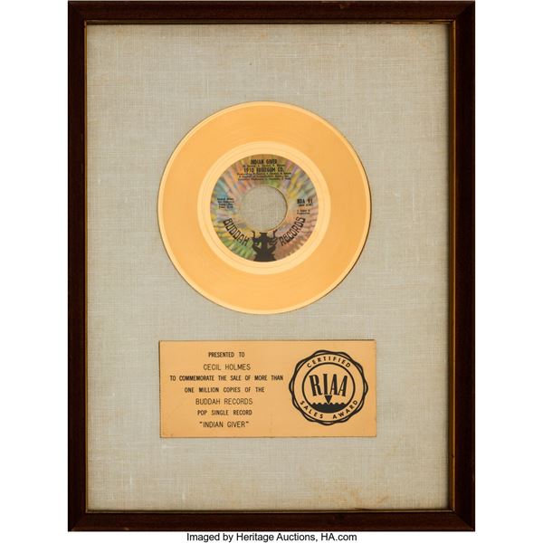 1910 Fruitgum Co. "Indian Giver" White Matte RIAA Gold Sales Award. A gold sales