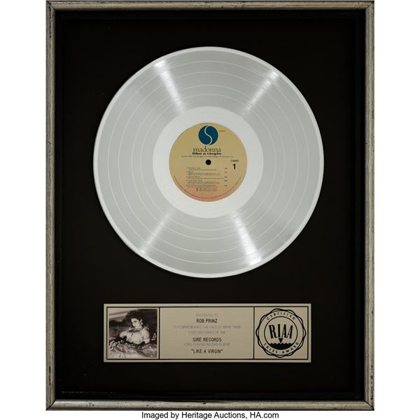 Madonna Like a Virgin RIAA Platinum Sales Award Presented to Rob Prinz (Sire). A