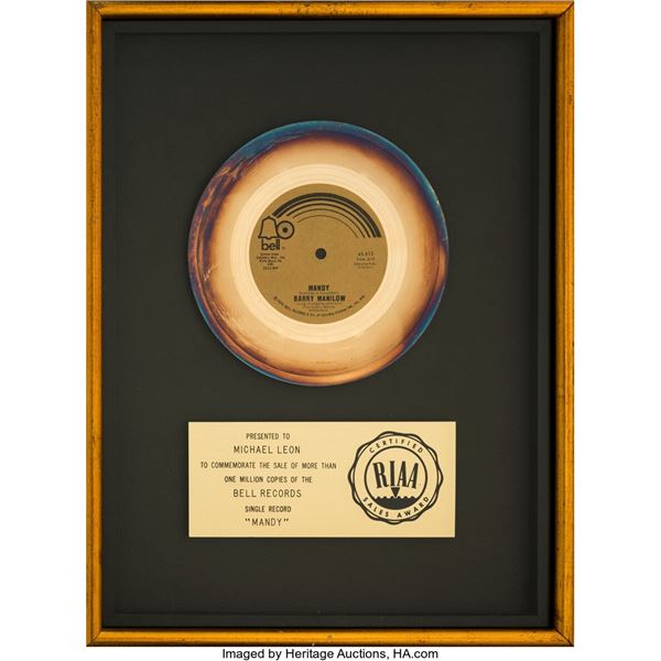 Barry Manilow "Mandy" RIAA Gold Sales Award. A gold sales award for Barry's enor