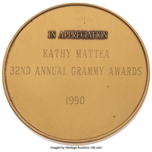 Kathy Mattea Grammy Presenter Bronze Medal (1990). A Grammy presenter's medal, c