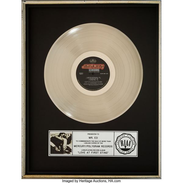 Scorpions Love at First Sting RIAA Platinum Sales Award. A platinum sales award