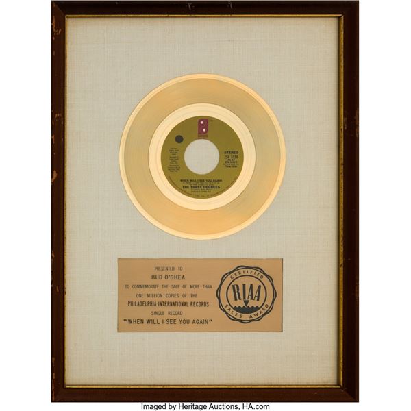 The Three Degrees "When Will I See You Again" White Matte RIAA Gold Sales Award.