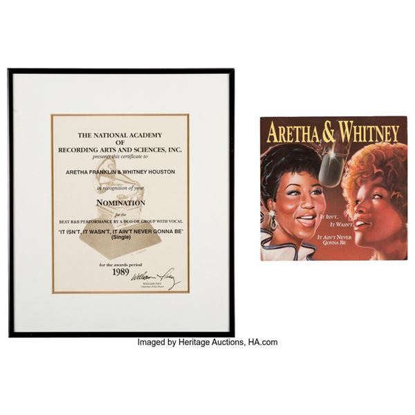 Whitney Houston's Grammy Nomination Certificate for "It Isn't, It Wasn't, It Ain