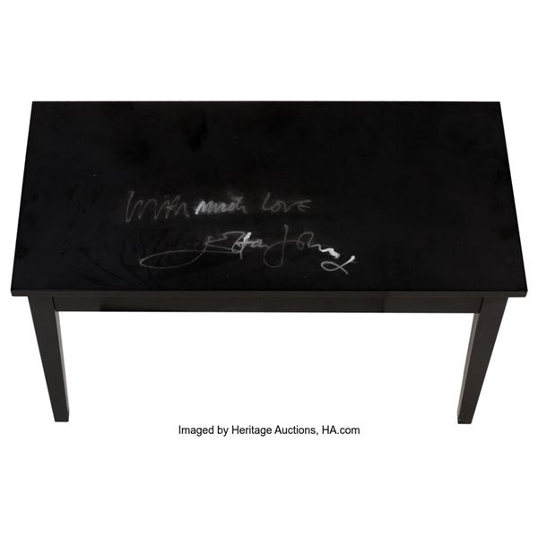 Elton John Signed and Inscribed Piano Bench. A black piano bench (measuring 15 ½