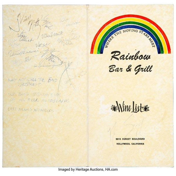Mötley Crüe/Nikki Sixx Signed Rainbow Bar & Grill Menu With Handwritten Band Nam