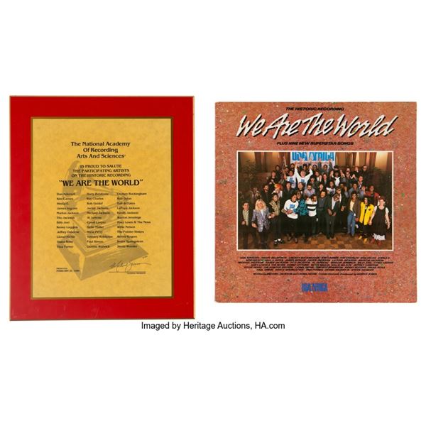 USA for Africa "We Are the World" Plaque With Vinyl LP. An 11 ¼" x 13 ½" plaque