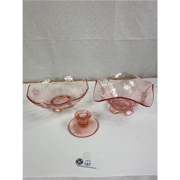 Vintage Pink Etched Glass Candle Holder & 2 Footed Ruffled Edged Bowls 9''x4'' & 9''x3''