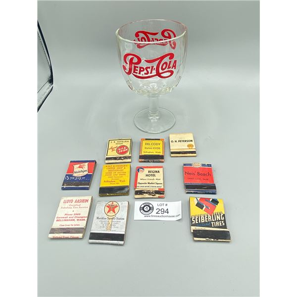 Vintage Pepsi Glass Filled With Automotive Matchbooks