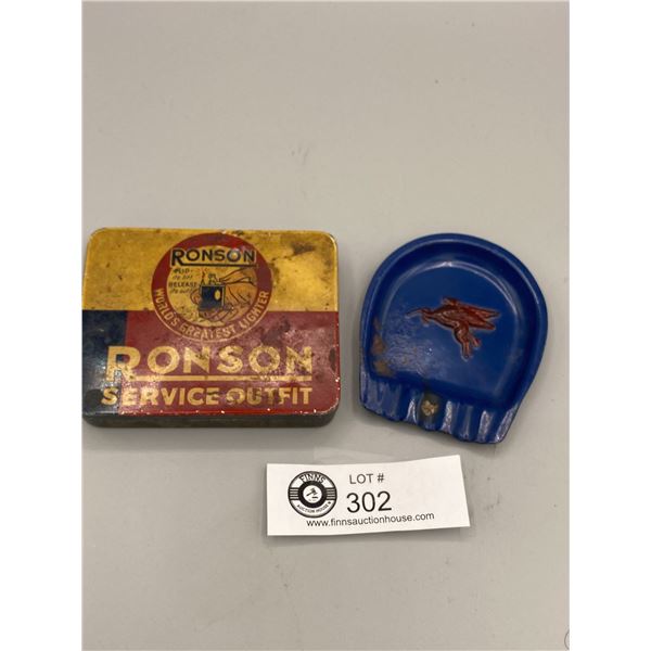 Vintage Ronson Lighter Parts Tin And Pegasus Mobilgas Ash Tray