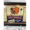 Image 2 : Red Indian Aviation Motor Oil Can Flattened And Framed - Very Good Shape