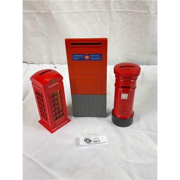 British Metal London Street Pillar Mailbox And Telephone Booth Coin Piggy Bank And Plastic Canada Po