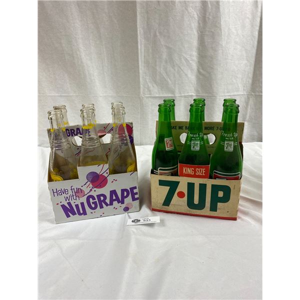 2 6 Packs of Vintage Pop Bottles with Holders 7 up and Nu Grape