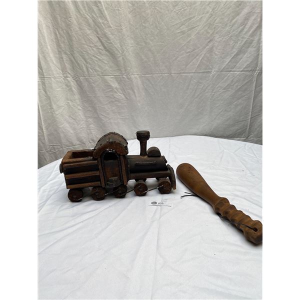 Vintage Carved Wooden Club with Nice Grip For Handle and Wooden Folk Art Train Locomotive