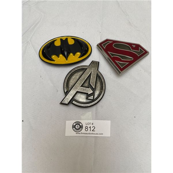 3 Assorted Superheroes Belt Buckles. Superman, Batman and Avengers